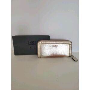 Anna Sui Wallet Clutch Metallic Gold Leather Studded Floral Boho Glam Butterfly